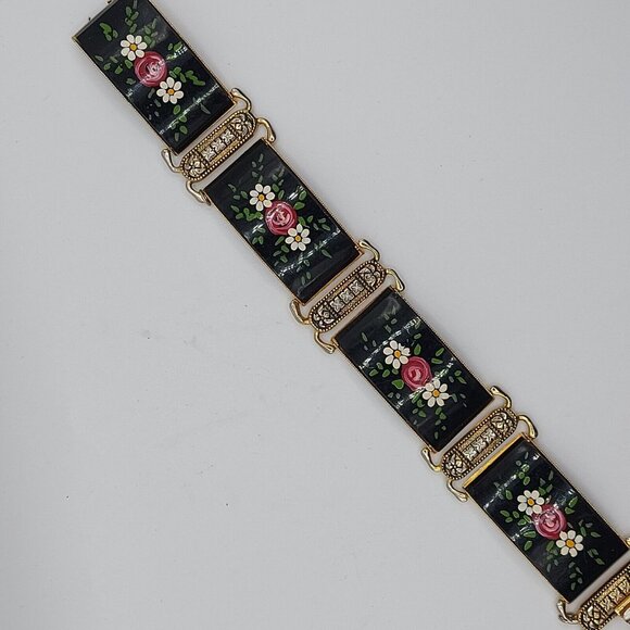 Vintage Hand Painted Floral Panel Bracelet Gold Tone Damascene Made in Spain - Picture 5 of 7